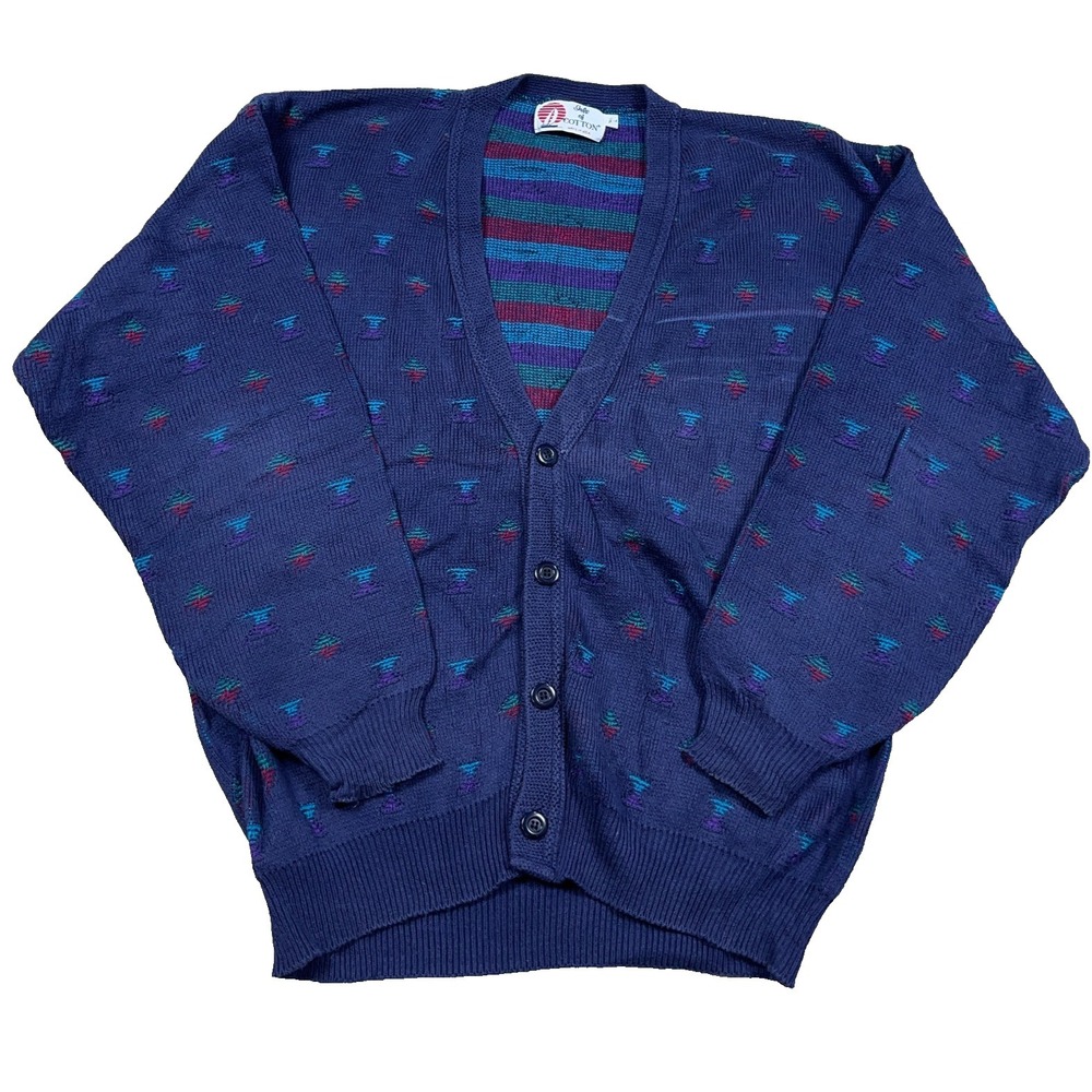 Vintage Isle Of Cotton Cardigan Sweater Men Large Blue Geometric Grandpa USA